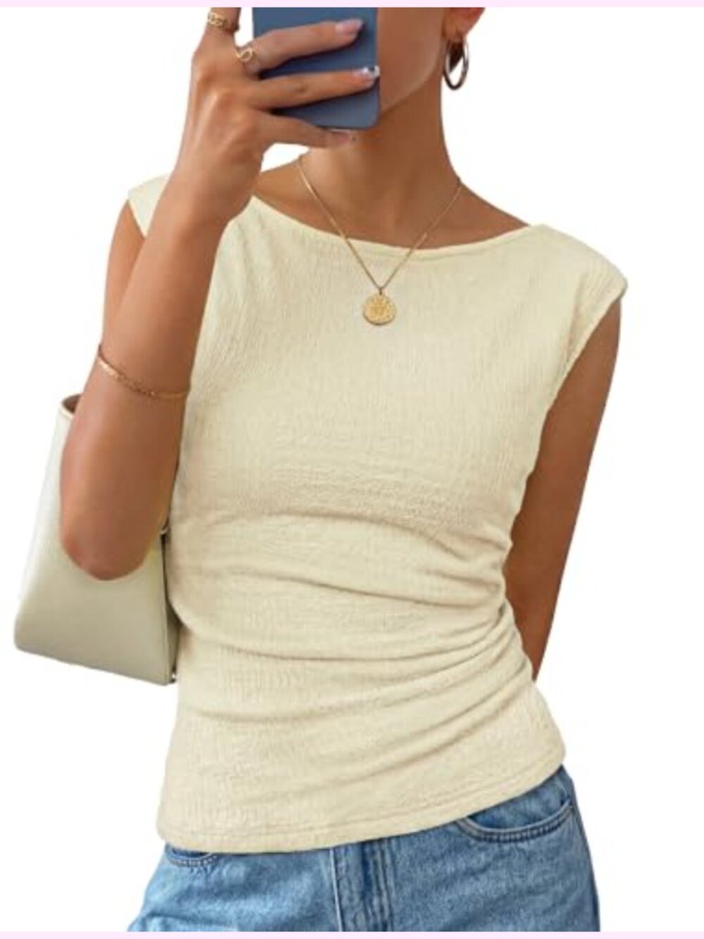 Cap Sleeve Boat Neck Ruched Tank Top Slim Fit Summer T-Shirt